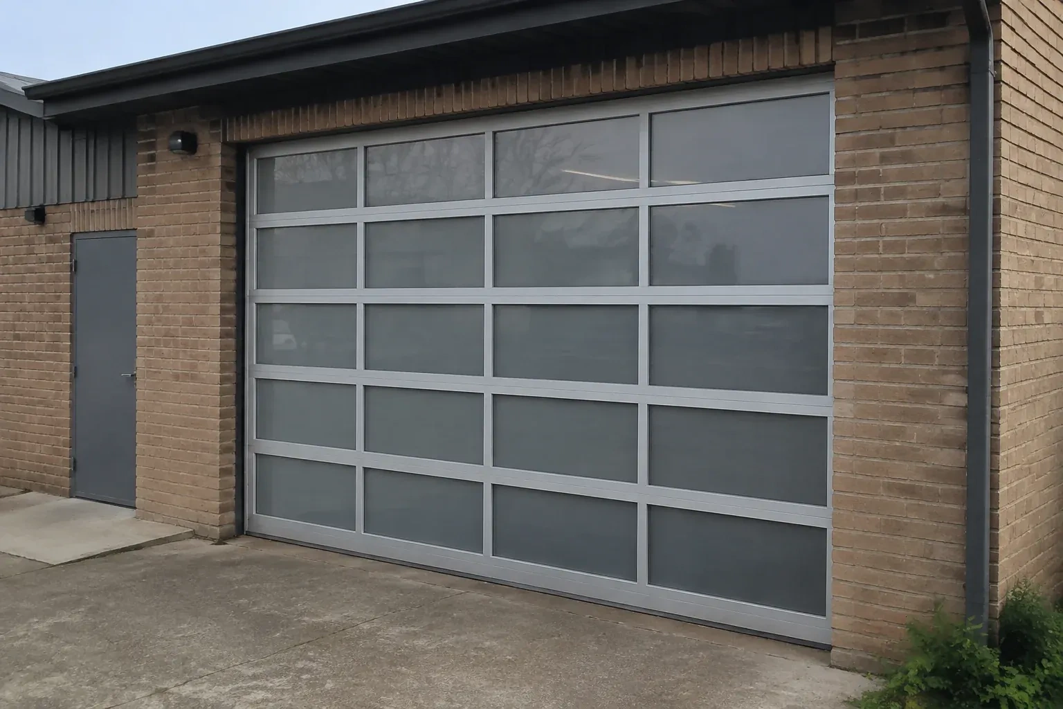 Closed glazed sectional door in a grey metal frame at a brick workshop. — Full-View Glass Garage Door Installation, Brampton