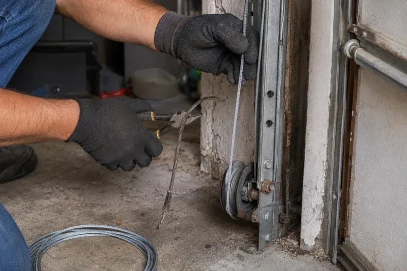 Gloved hands holding a bright cable and pliers gripping a frayed cable beside a garage-door track and pulley. — Garage Door Cable Replacement, Brampton