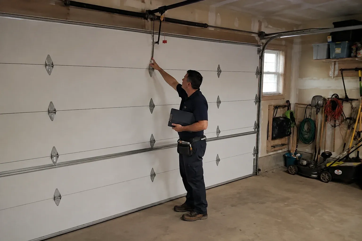 A person holding a clipboard examines the interior hardware of a closed garage door. — Garage Door Tune-Up, Brampton