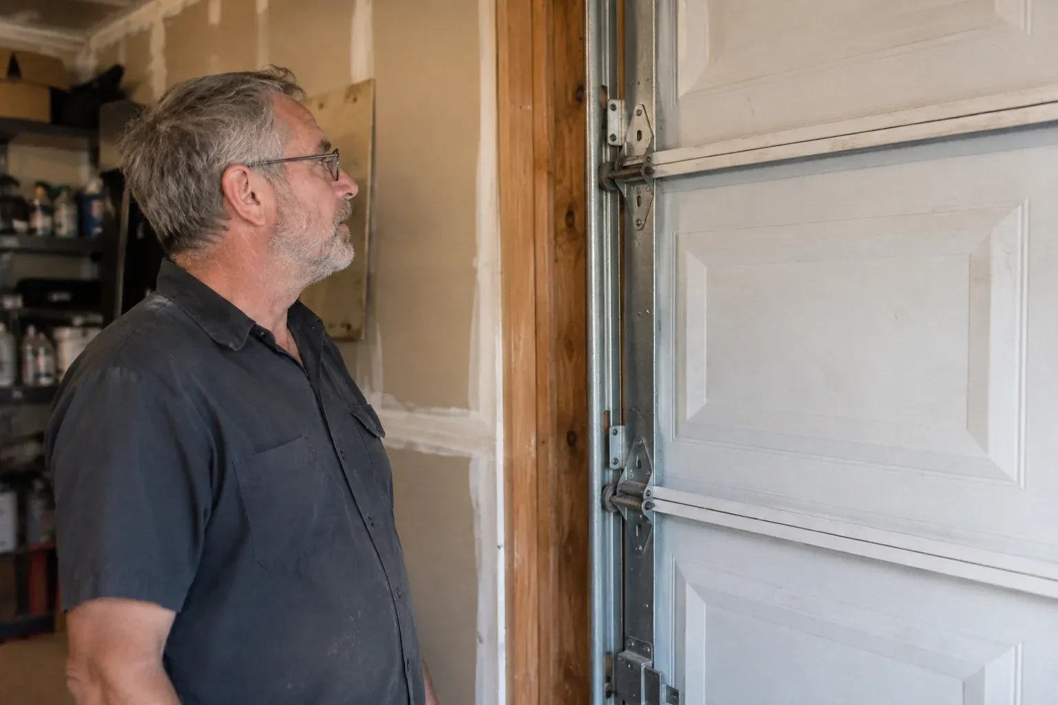Technician looking at vertical garage door track and edge hinges. — Garage Door Track Repair or Replacement, Brampton