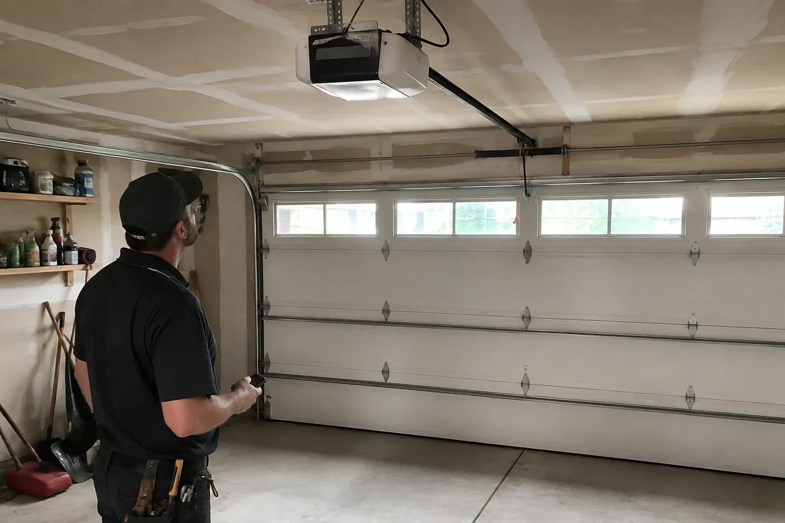 A person looks at an overhead opener above a closed garage door with a row of windows. — Garage Door Opener Replacement, Brampton
