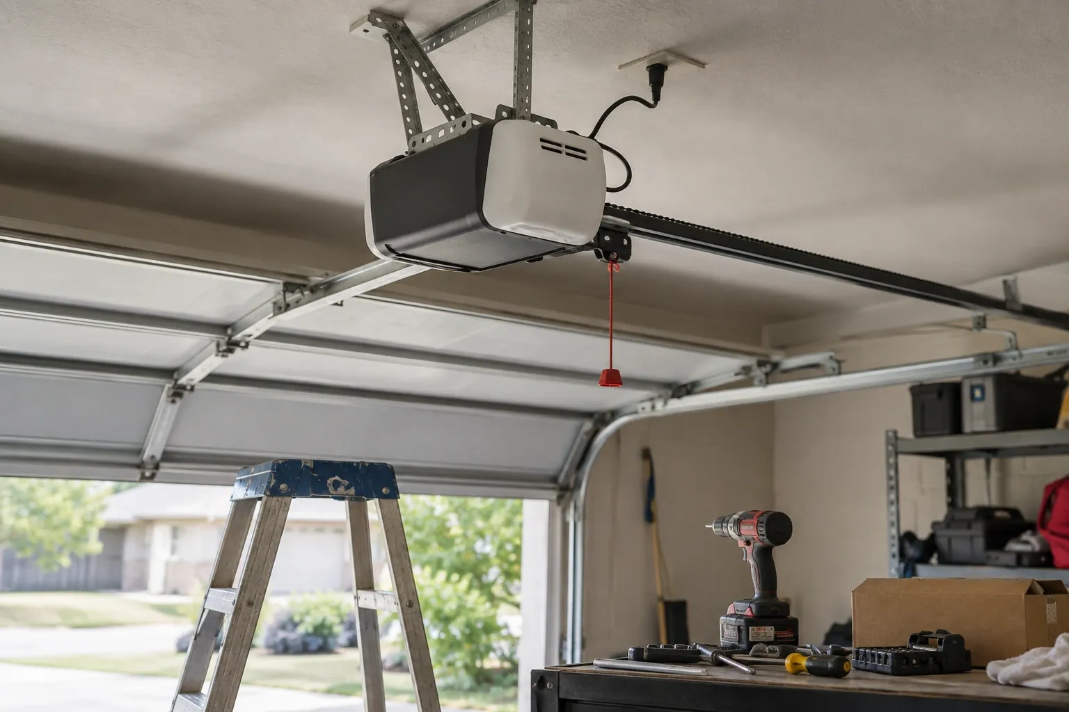 Ceiling-mounted garage-door opener with a red release cord, a blue stepladder below and a cordless drill on a workbench.