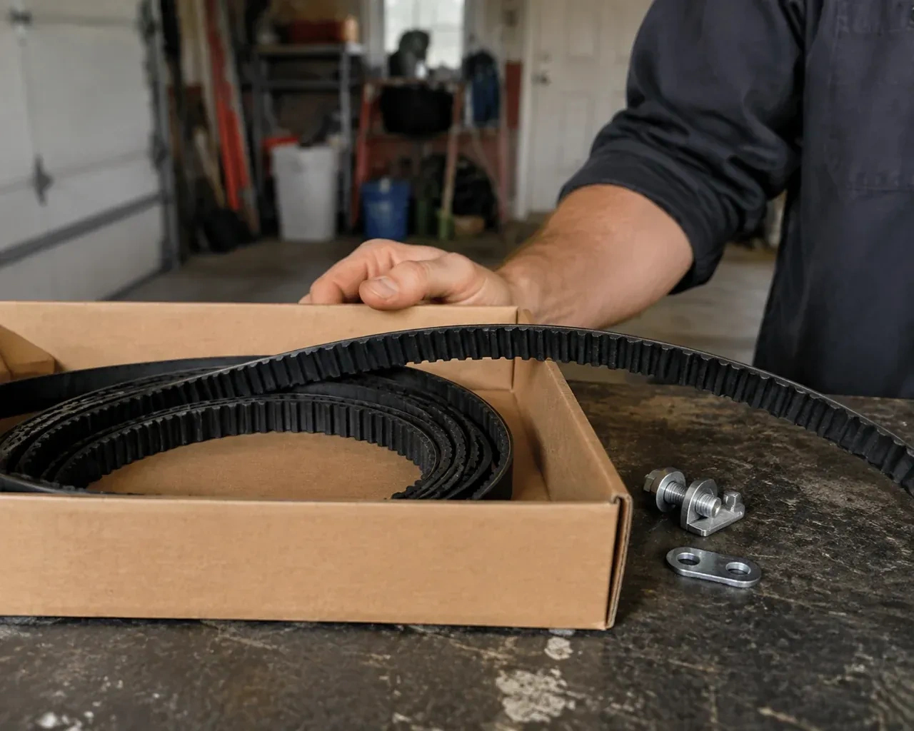 A toothed black drive belt lies in an open cardboard box beside small metal fittings on a garage workbench. — Belt-Drive Opener Repair, Brampton