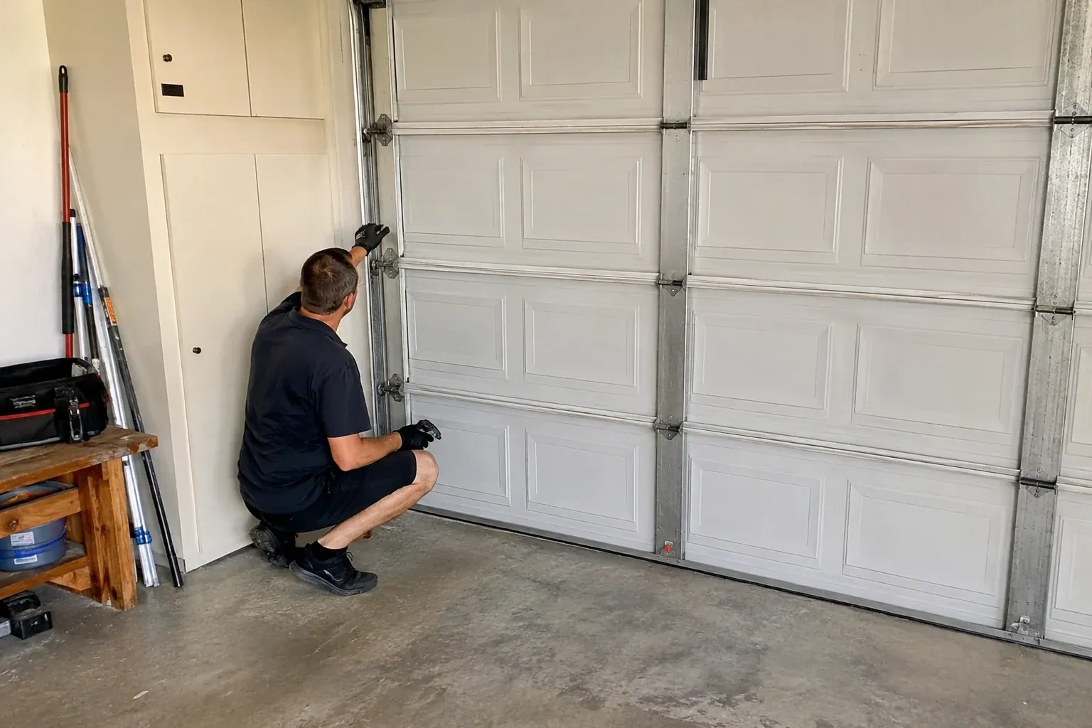 A person kneels beside the side track and hinges of a closed sectional garage door. — Garage Door Safety Inspection, Brampton