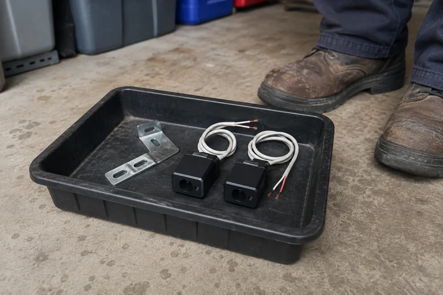 Two detached black sensors with recessed lenses and coiled wires lie in a tray beside a mounting bracket. — Photo-Eye Sensor Alignment or Replacement, Brampton